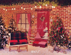 Red Brick Wall Interior Christmas Photo Backdrop - Layoris