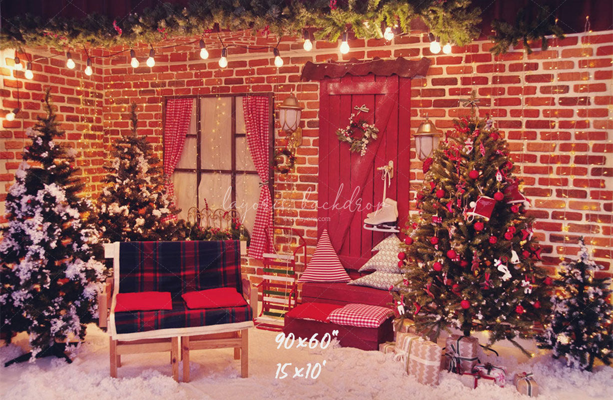 Red Brick Wall Interior Christmas Photo Backdrop - Layoris