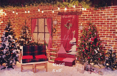 Red Brick Wall Interior Christmas Photo Backdrop - Layoris