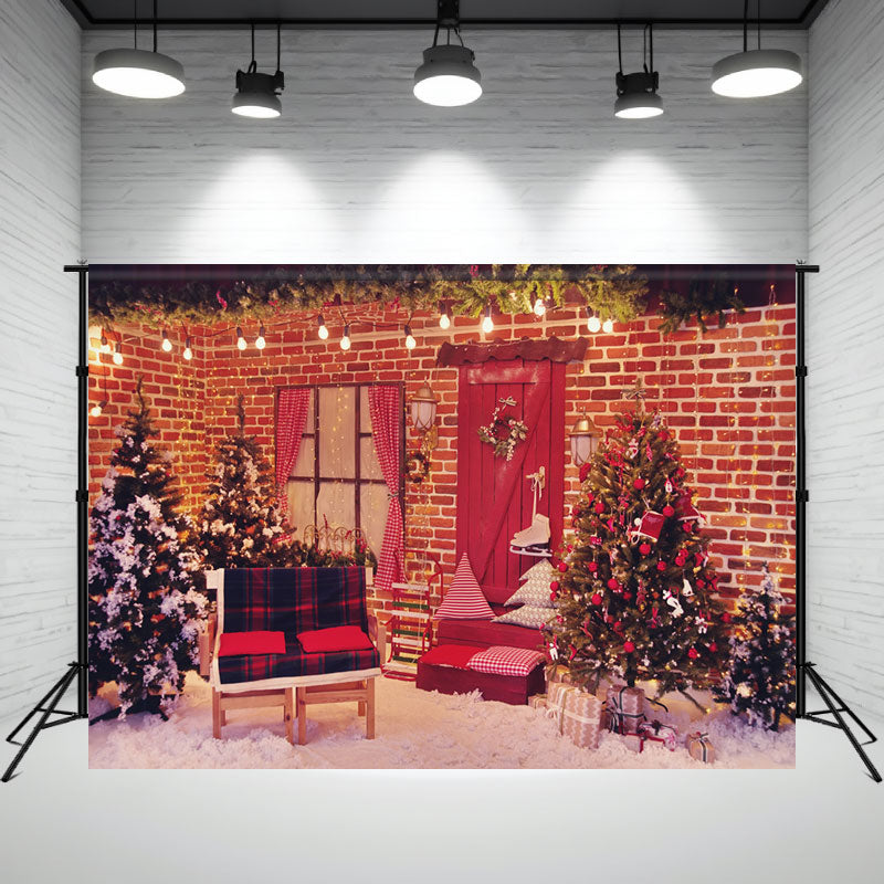 Red Brick Wall Interior Christmas Photo Backdrop - Layoris