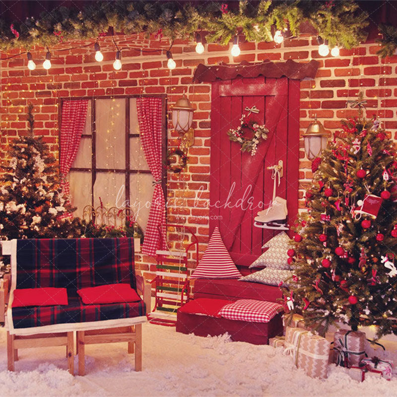 Red Brick Wall Interior Christmas Photo Backdrop - Layoris