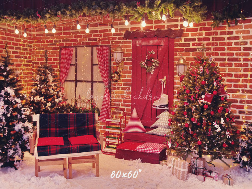 Red Brick Wall Interior Christmas Photo Backdrop - Layoris