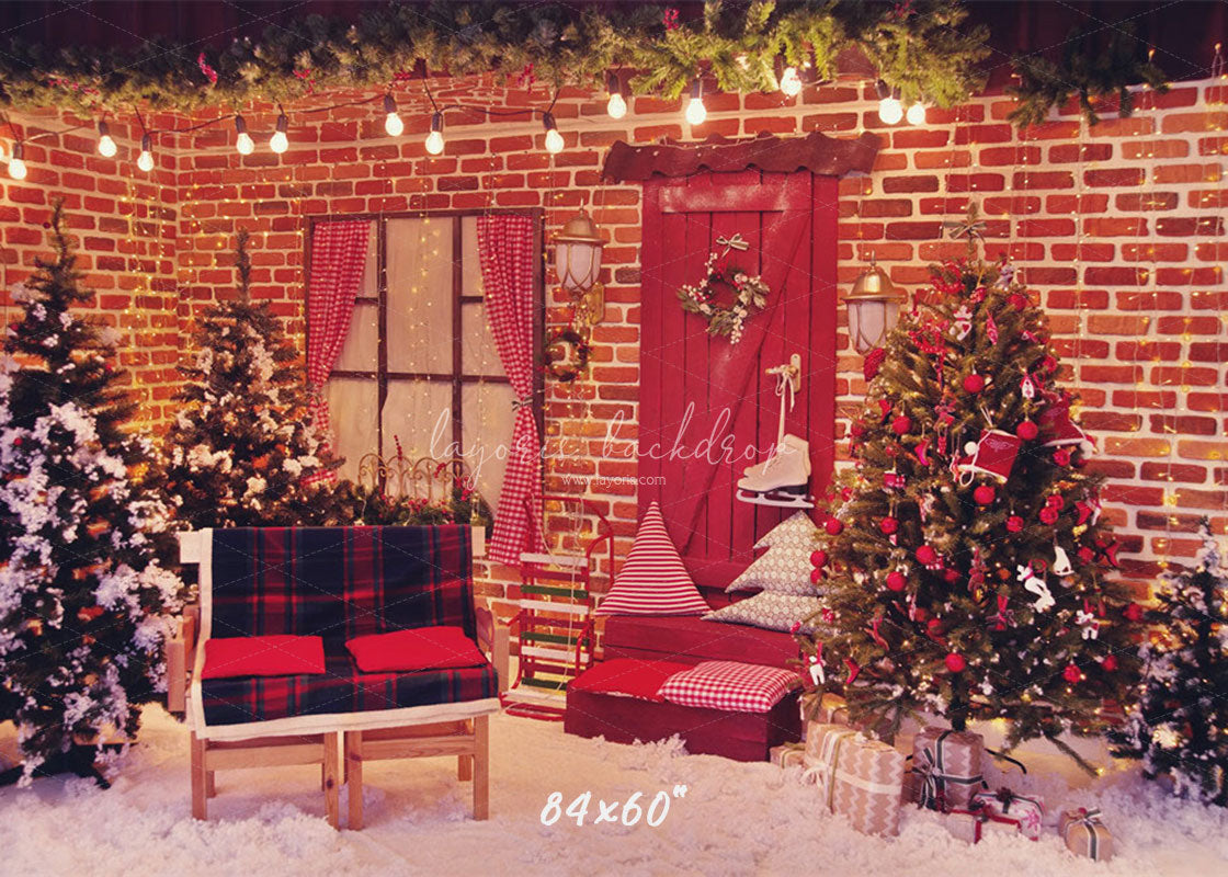 Red Brick Wall Interior Christmas Photo Backdrop - Layoris