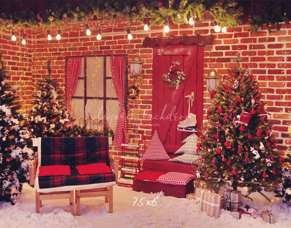 Red Brick Wall Interior Christmas Photo Backdrop - Layoris