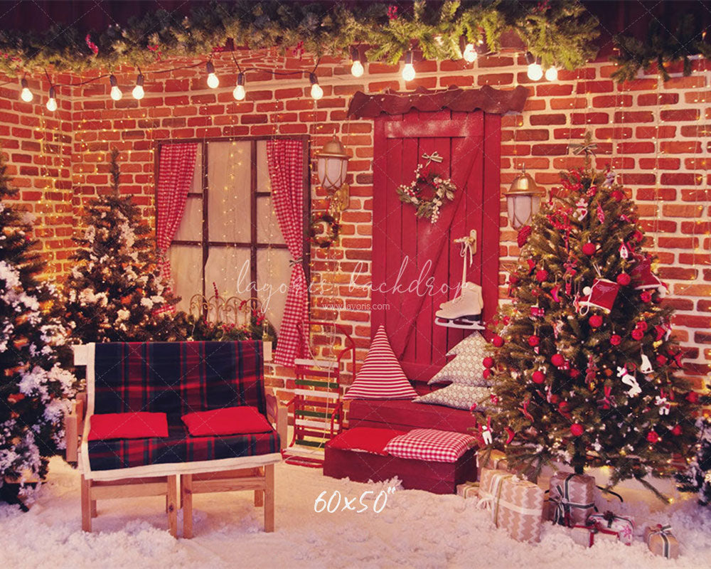 Red Brick Wall Interior Christmas Photo Backdrop - Layoris