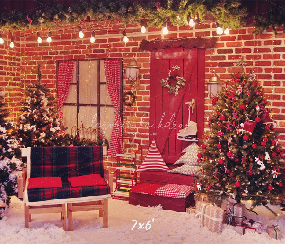 Red Brick Wall Interior Christmas Photo Backdrop - Layoris
