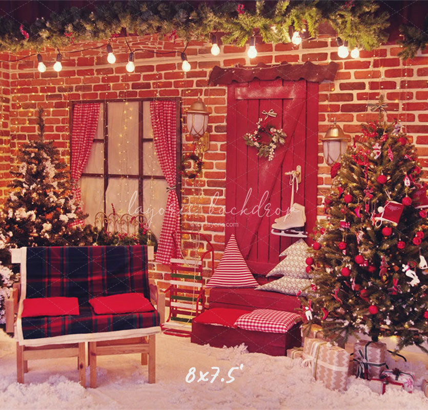Red Brick Wall Interior Christmas Photo Backdrop - Layoris
