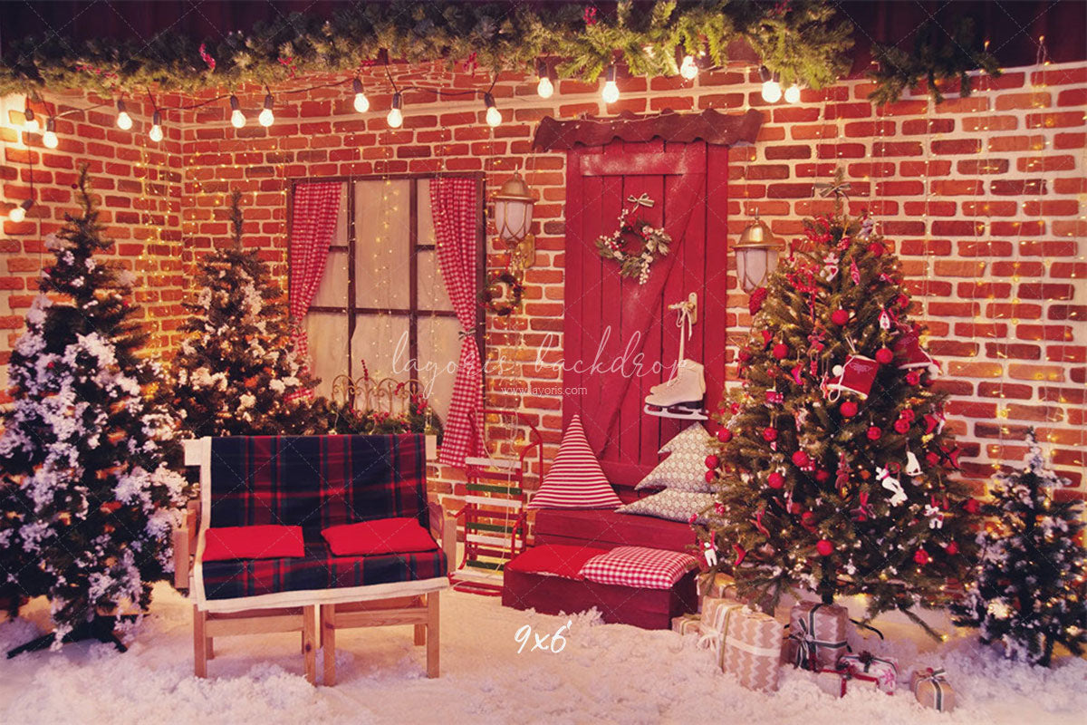 Red Brick Wall Interior Christmas Photo Backdrop - Layoris