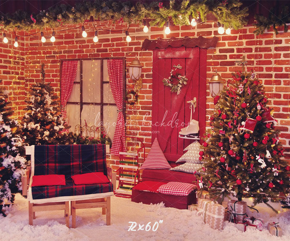 Red Brick Wall Interior Christmas Photo Backdrop - Layoris