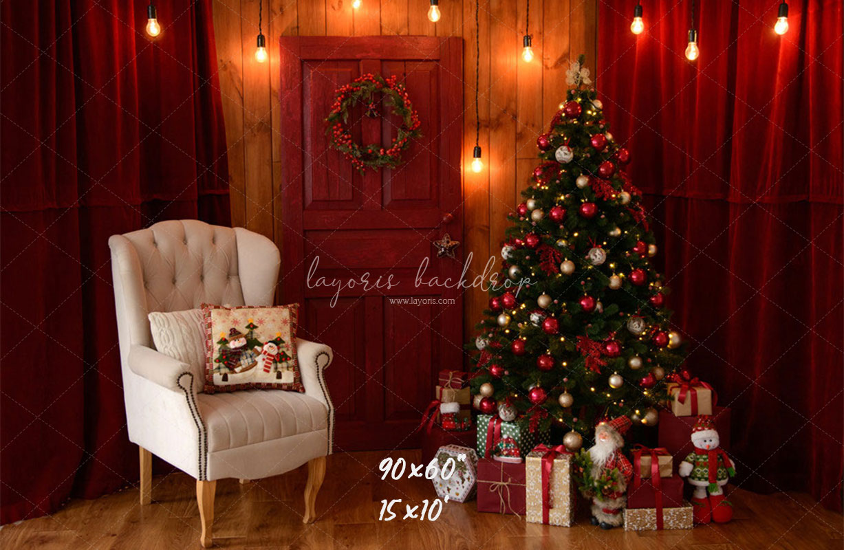 Red Curtain Garland Christmas Photo Backdrop - Layoris