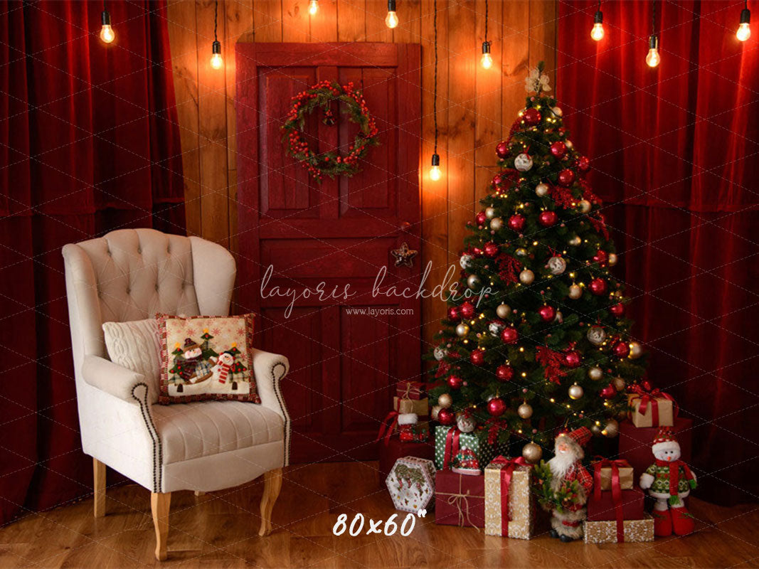 Red Curtain Garland Christmas Photo Backdrop - Layoris