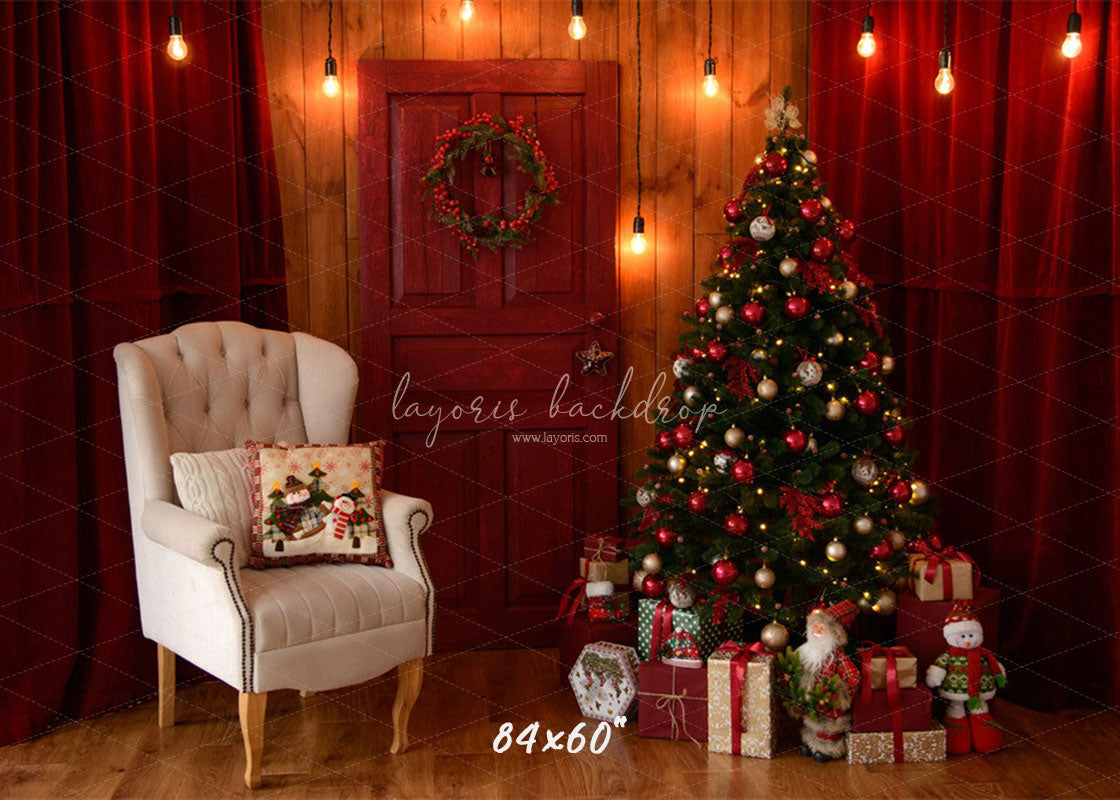 Red Curtain Garland Christmas Photo Backdrop - Layoris