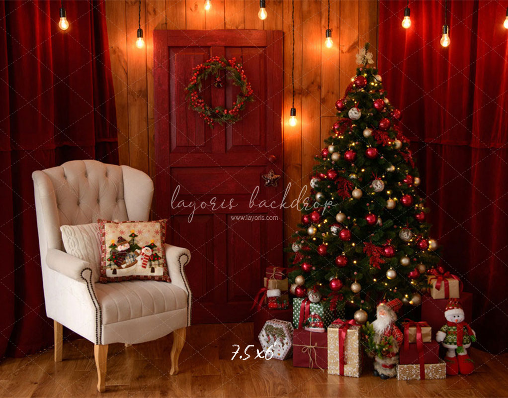 Red Curtain Garland Christmas Photo Backdrop - Layoris