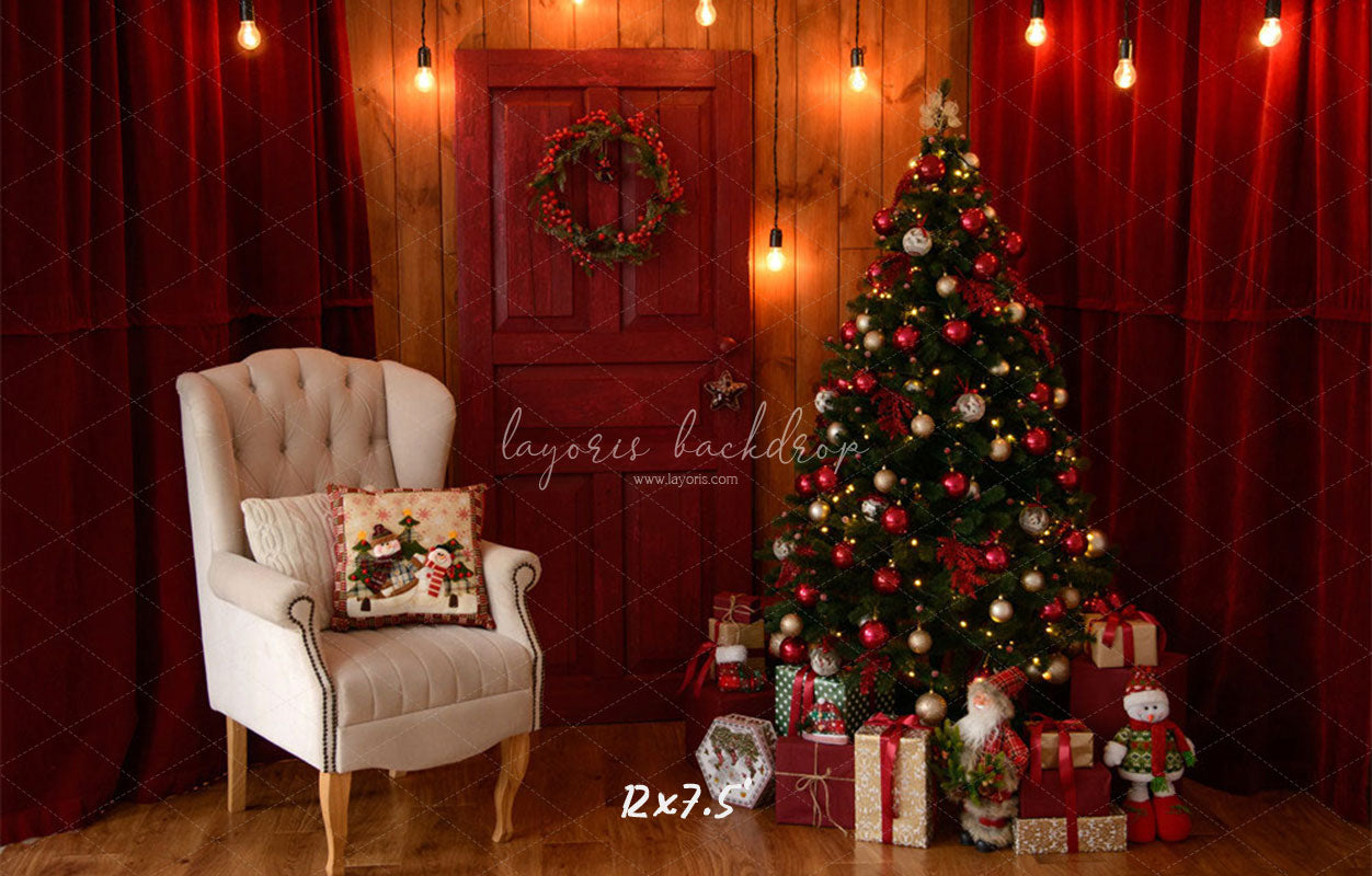 Red Curtain Garland Christmas Photo Backdrop - Layoris
