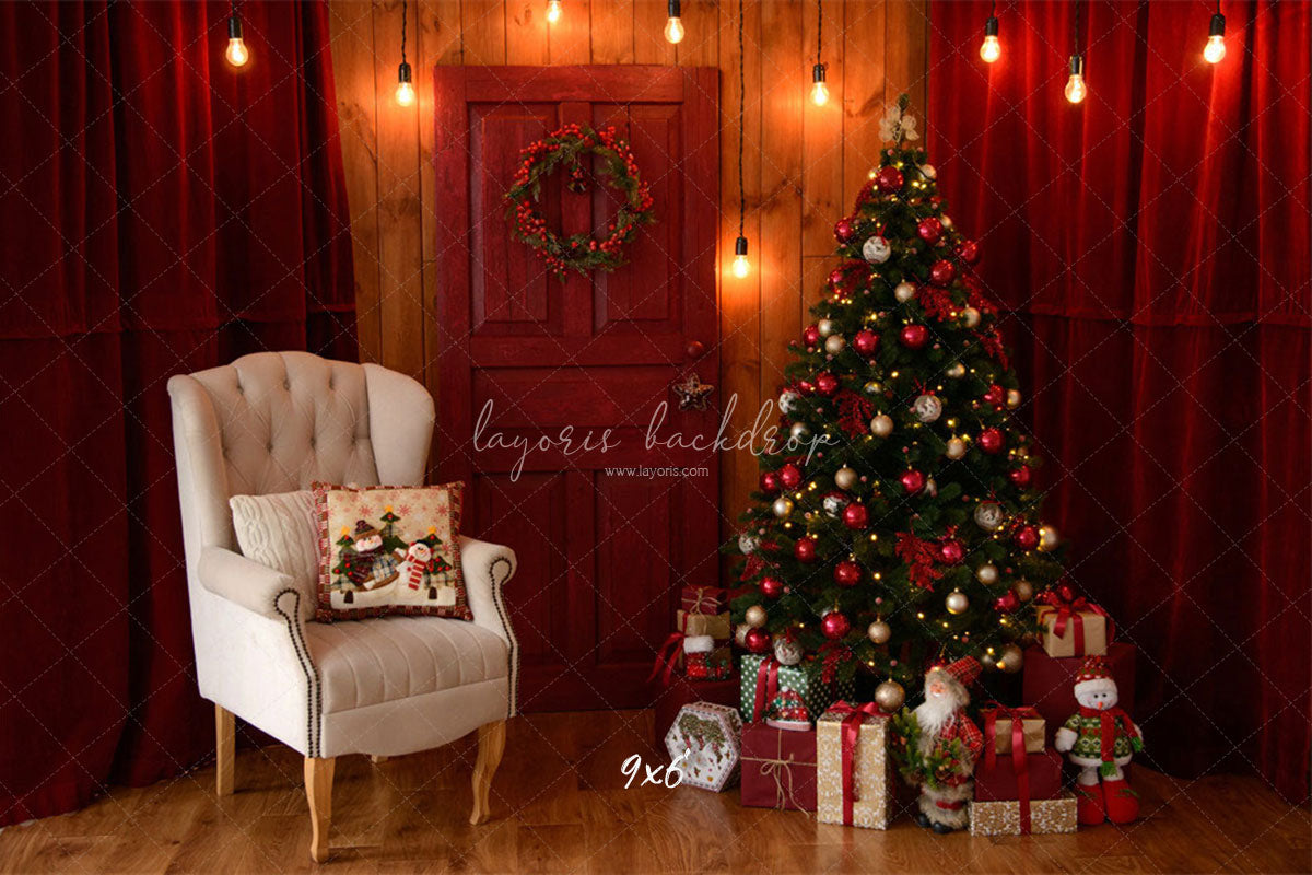 Red Curtain Garland Christmas Photo Backdrop - Layoris