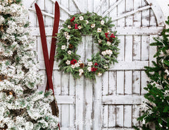 White Wooden Door Wreath Christmas Backdrop - Layoris