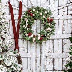 White Wooden Door Wreath Christmas Backdrop - Layoris