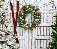 White Wooden Door Wreath Christmas Backdrop - Layoris