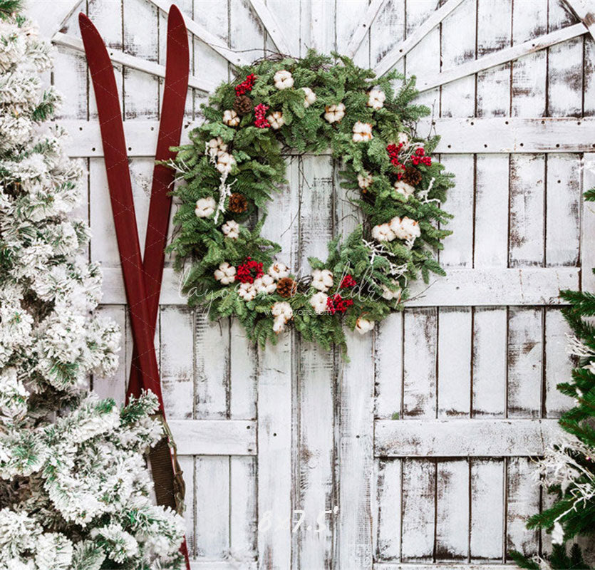 White Wooden Door Wreath Christmas Backdrop - Layoris