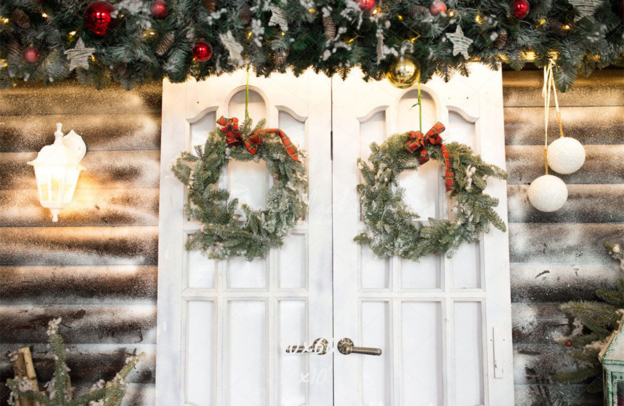 White Door Wreath Christmas Photo Backdrop - Layoris