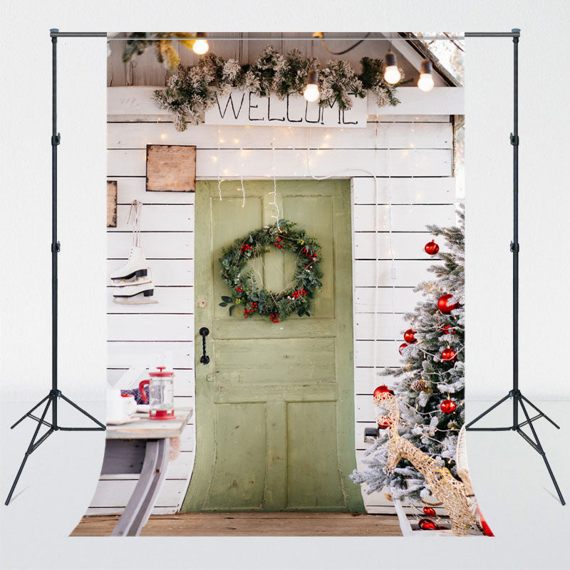 Green Door Wreath Christmas Photo Backdrop - Layoris