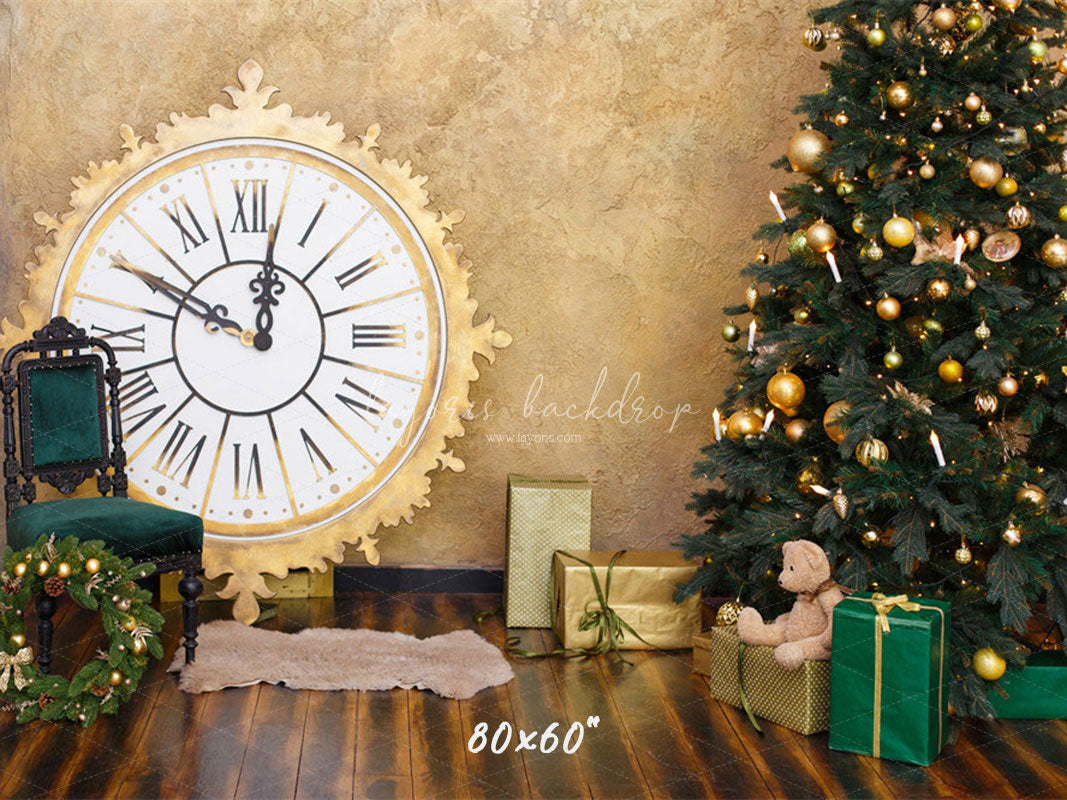 Golden Clock Christmas Tree Photo Backdrop - Layoris