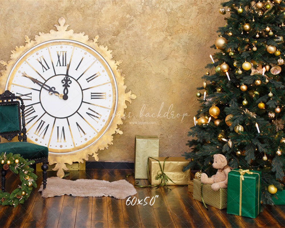 Golden Clock Christmas Tree Photo Backdrop - Layoris