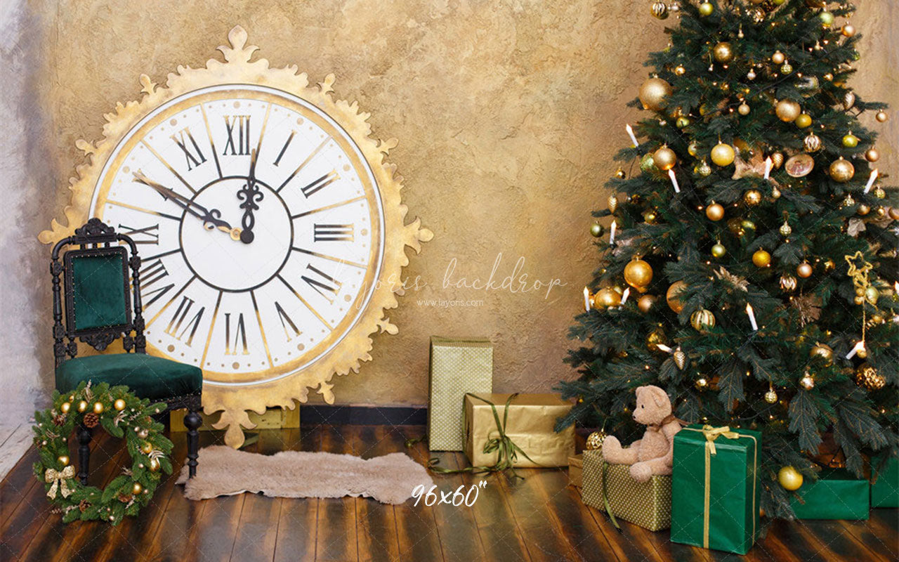 Golden Clock Christmas Tree Photo Backdrop - Layoris