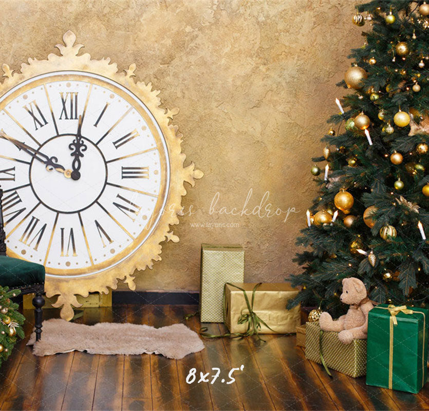 Golden Clock Christmas Tree Photo Backdrop - Layoris
