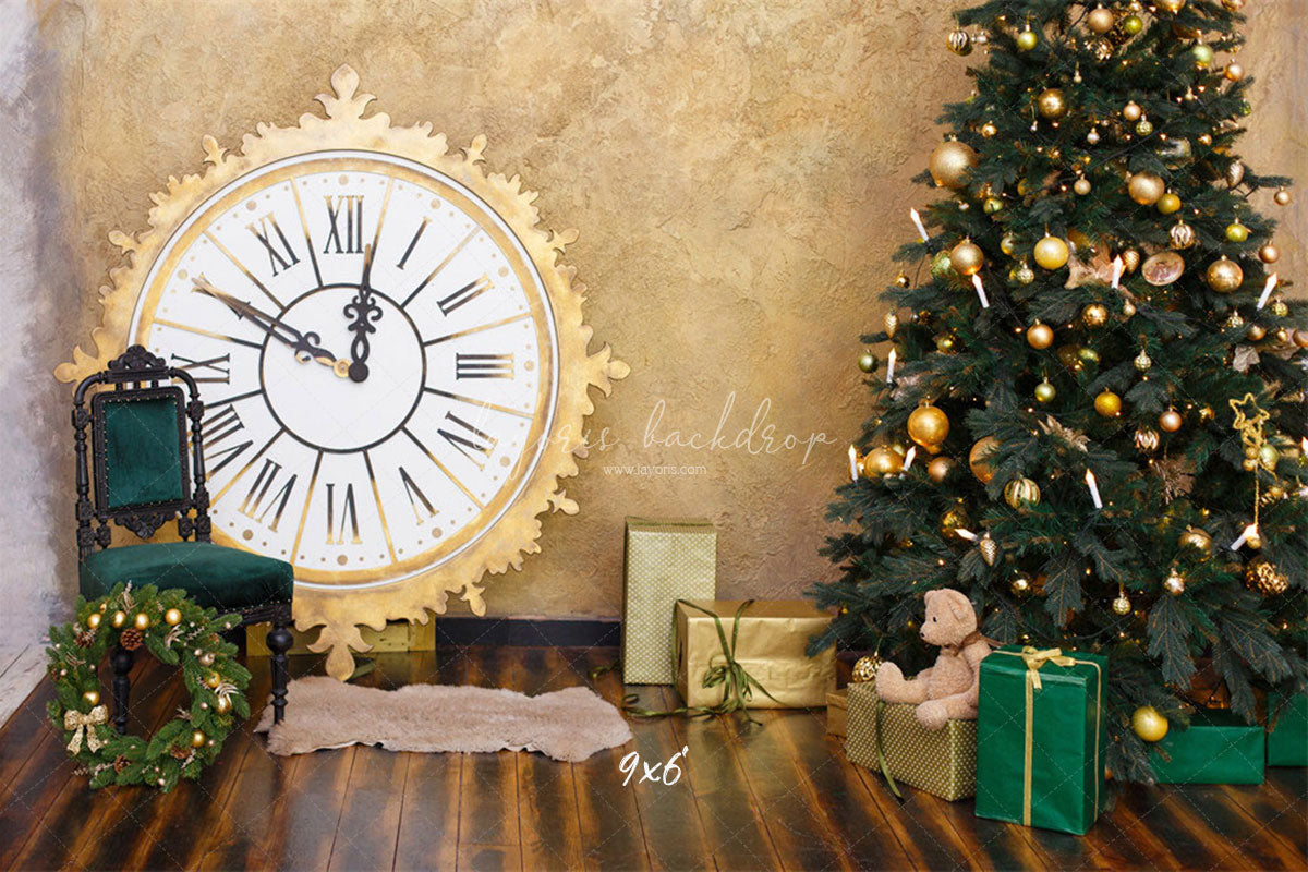 Golden Clock Christmas Tree Photo Backdrop - Layoris
