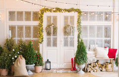 White Door And Window Wreath Christmas Backdrop - Layoris