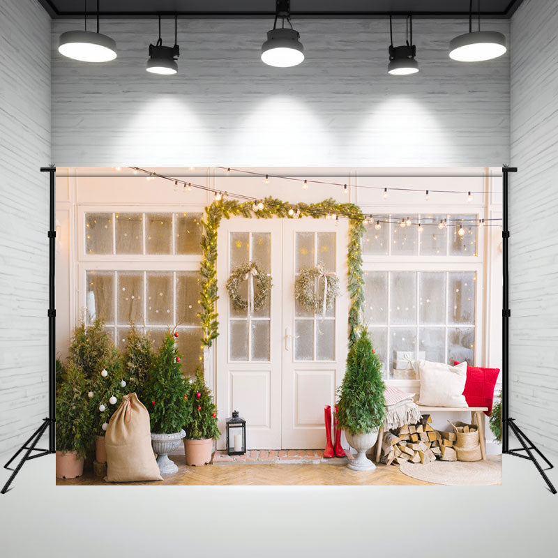 White Door And Window Wreath Christmas Backdrop - Layoris