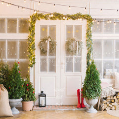 White Door And Window Wreath Christmas Backdrop - Layoris