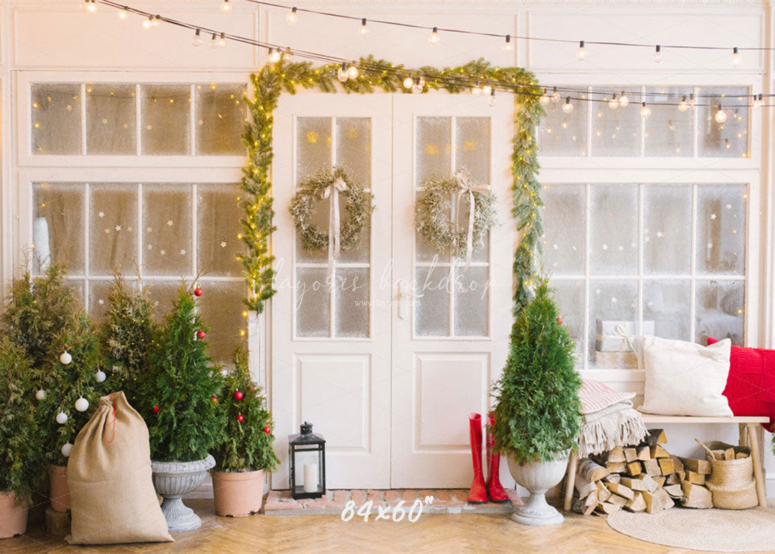 White Door And Window Wreath Christmas Backdrop - Layoris