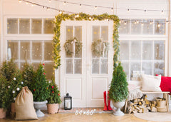 White Door And Window Wreath Christmas Backdrop - Layoris