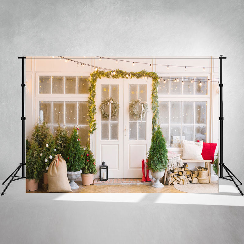 White Door And Window Wreath Christmas Backdrop - Layoris
