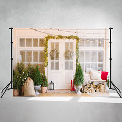 White Door And Window Wreath Christmas Backdrop - Layoris