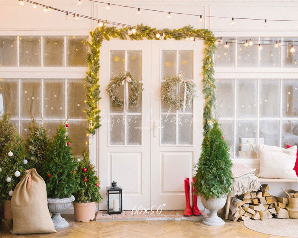 White Door And Window Wreath Christmas Backdrop - Layoris