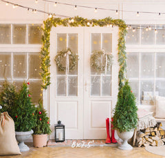 White Door And Window Wreath Christmas Backdrop - Layoris