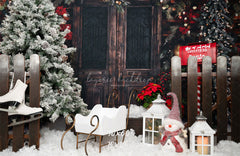 Vintage Wooden Door Snowman Christmas Backdrop - Layoris