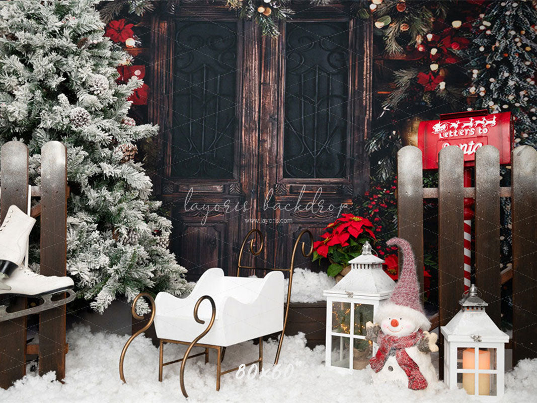 Vintage Wooden Door Snowman Christmas Backdrop - Layoris