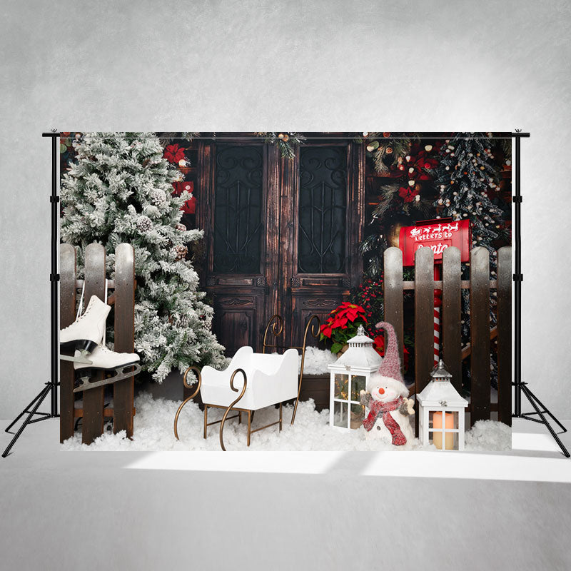 Vintage Wooden Door Snowman Christmas Backdrop - Layoris