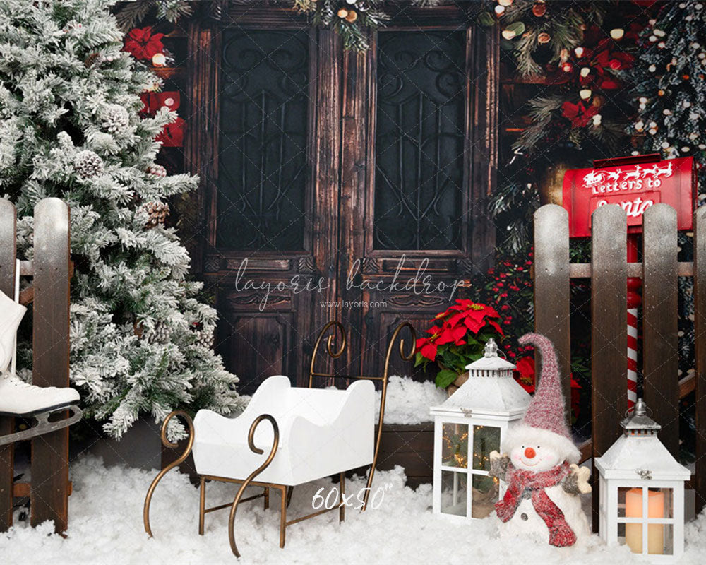 Vintage Wooden Door Snowman Christmas Backdrop - Layoris
