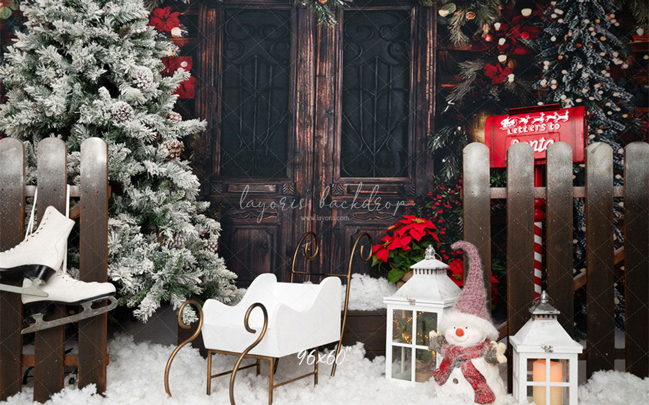 Vintage Wooden Door Snowman Christmas Backdrop - Layoris