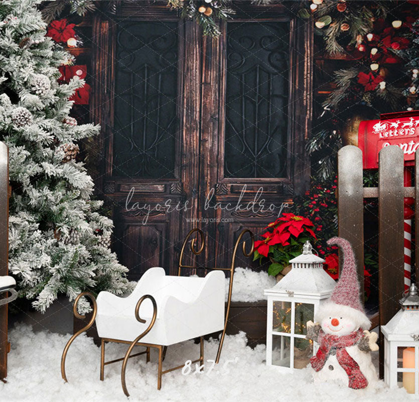 Vintage Wooden Door Snowman Christmas Backdrop - Layoris