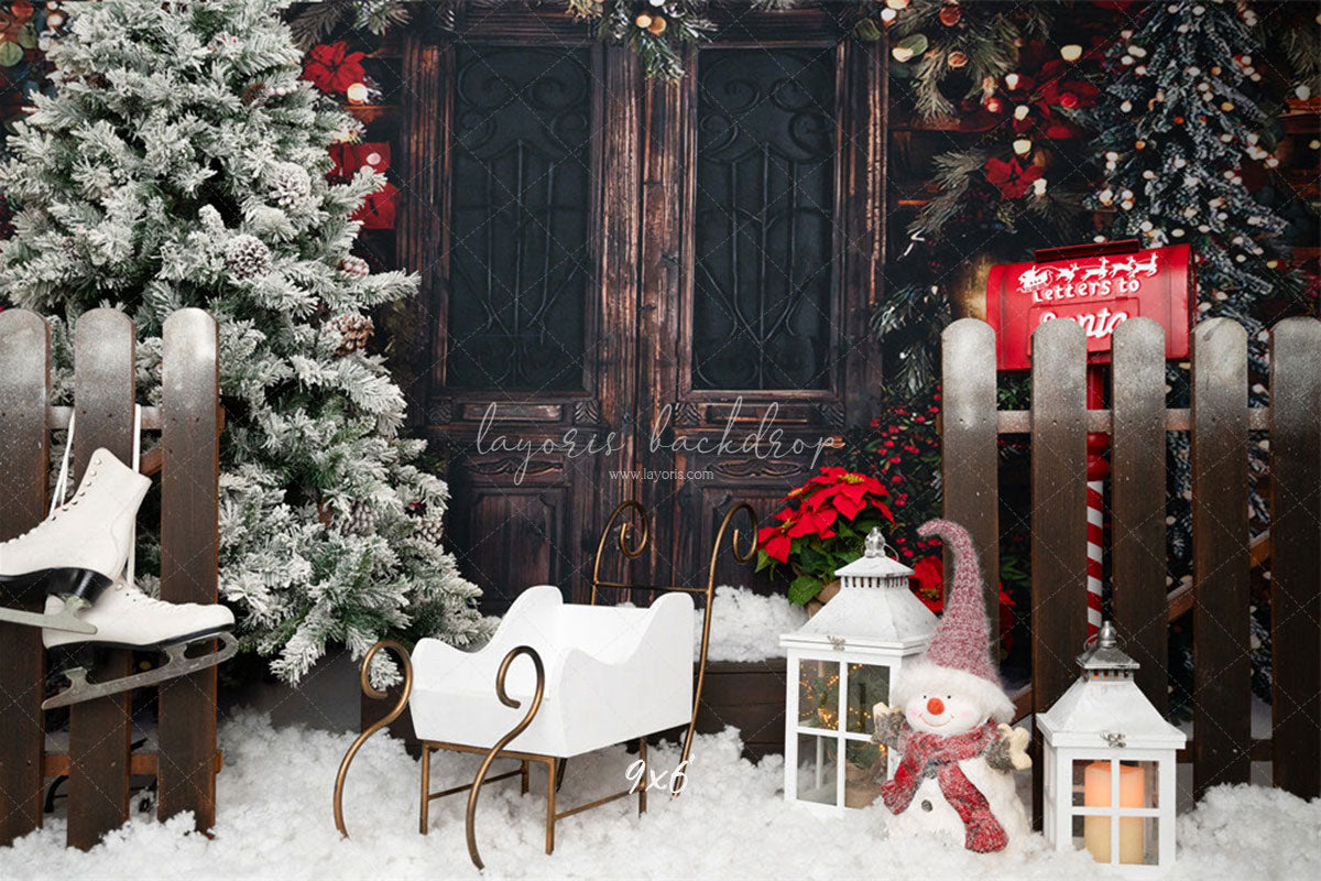 Vintage Wooden Door Snowman Christmas Backdrop - Layoris
