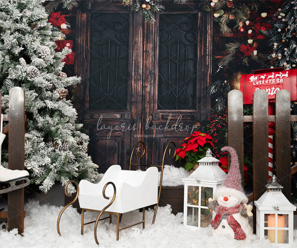 Vintage Wooden Door Snowman Christmas Backdrop - Layoris