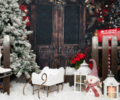 Vintage Wooden Door Snowman Christmas Backdrop - Layoris