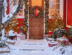 Red House Wooden Door Wreath Christmas Backdrop - Layoris