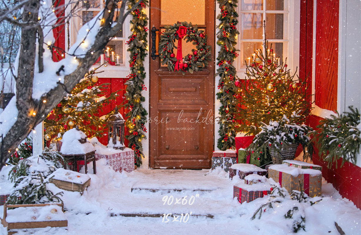Red House Wooden Door Wreath Christmas Backdrop - Layoris